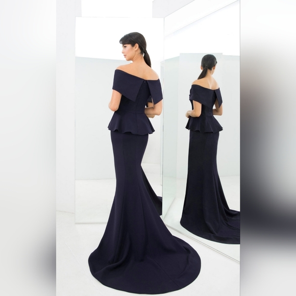 NWT Alexander by Daymor 1368 Off Shoulder Peplum Long Dress- Midnight - Picture 2 of 8